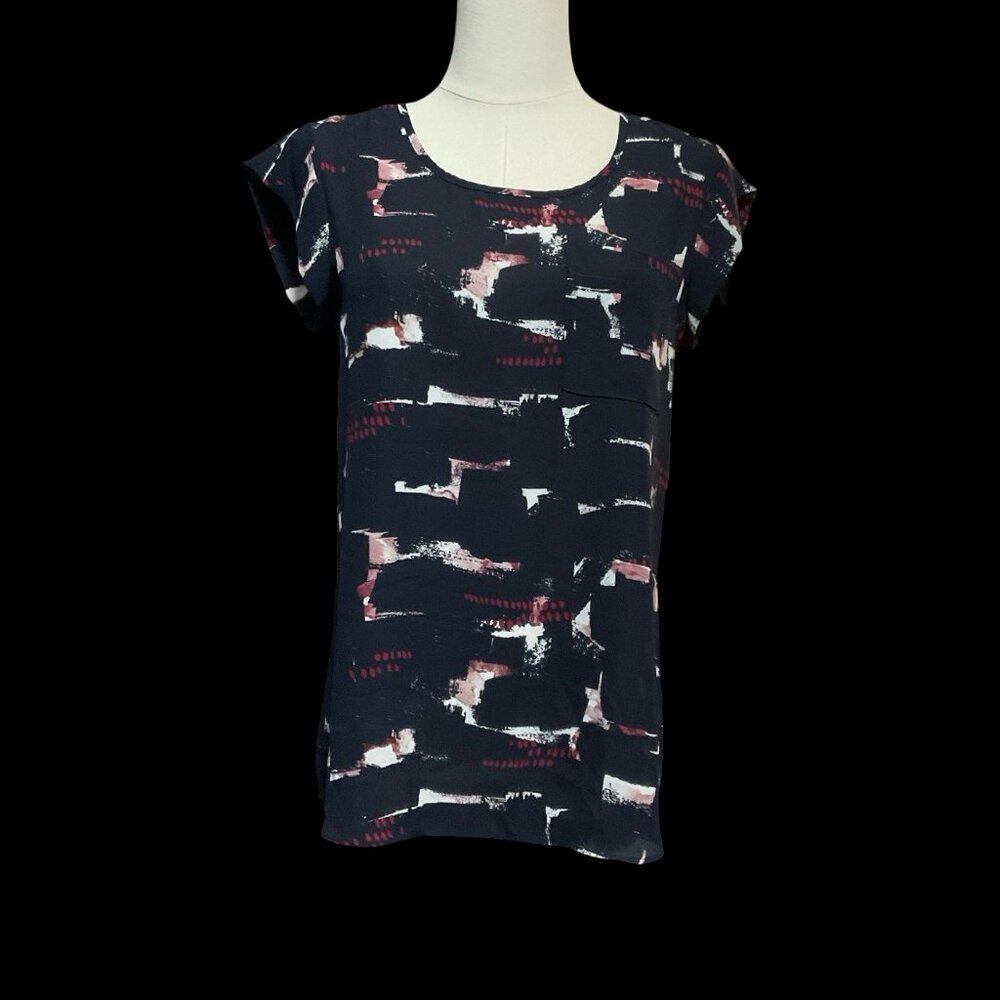 Navy/Pink Sheer Blouse w/ Cap Sleeve & Pocket Detail